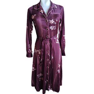 sz 8 True Vintage Boho Burgundy Midi Dress Belt Pinstripe Pattern Acetate 1970's